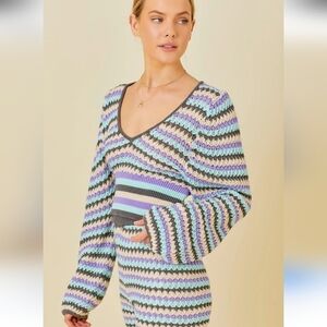 PETAL DEW Striped V-Neck Open Knit Crochet Cropped Sweater.Pastel Hues.Size SM